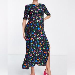 Nobody’s Child Black Multi Dot Luna Midi Dress 8 NEW Half Sleeve Green Pink Blue